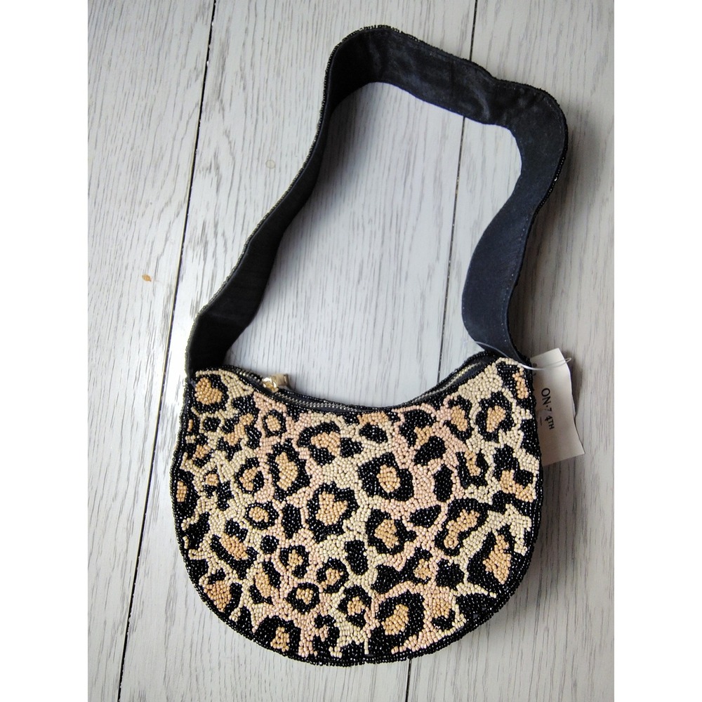 ON THE 4TH Leopard Print Beaded Shoulder Bag Black Tan Animal‎ Print Hobo NWT